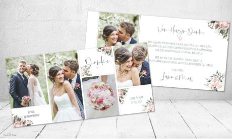 Danksagung Hochzeit Fotocollage rosa weiß