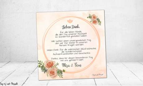 Dankeskarten Hochzeit florale Fotocollage in apricot peach quadratisch Rosen Blumen viele Fotos