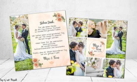 Dankeskarten Hochzeit florale Fotocollage in apricot peach quadratisch Rosen Blumen viele Fotos