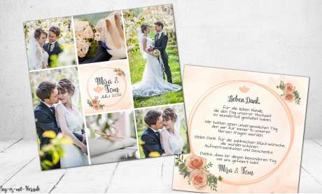 Dankeskarten Hochzeit florale Fotocollage in apricot peach quadratisch Rosen Blumen viele Fotos