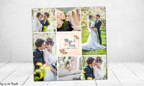 Dankeskarten Hochzeit florale Fotocollage in apricot peach quadratisch Rosen Blumen viele Fotos